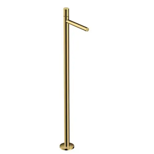 Bodenstehender Einhebel-Waschtischmischer in Polished Gold Optic von AXOR, mit geradem Auslauf und seitlichem Griff, auf runder Basis montiert.